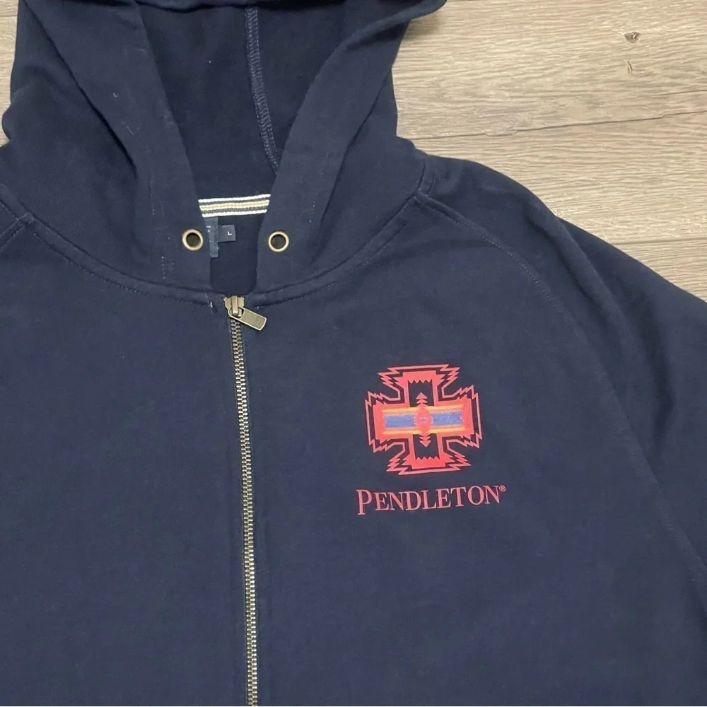 Pendleton Fleece Sweatshirt Hoodie Full Zip Chief Joseph Logo Navy Blue Size L